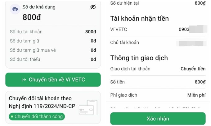 Người dùng VETC chỉ cần vào ứng dụng, chọn chuyển tiền vào ví VETC và bấm xác nhận để hoàn thành việc rút tiền khỏi tài khoản thu phí. Ảnh chụp màn hình