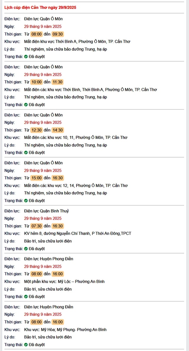 Tra cứu lịch cúp điện hôm nay Thứ 2 ngày 29/9/2025 tại Cần Thơ- Ảnh 1.