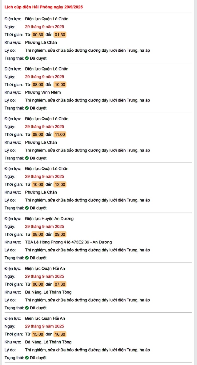 Tra cứu lịch cắt điện Hải Phòng hôm nay Thứ 2 ngày 29/9/2025- Ảnh 1.