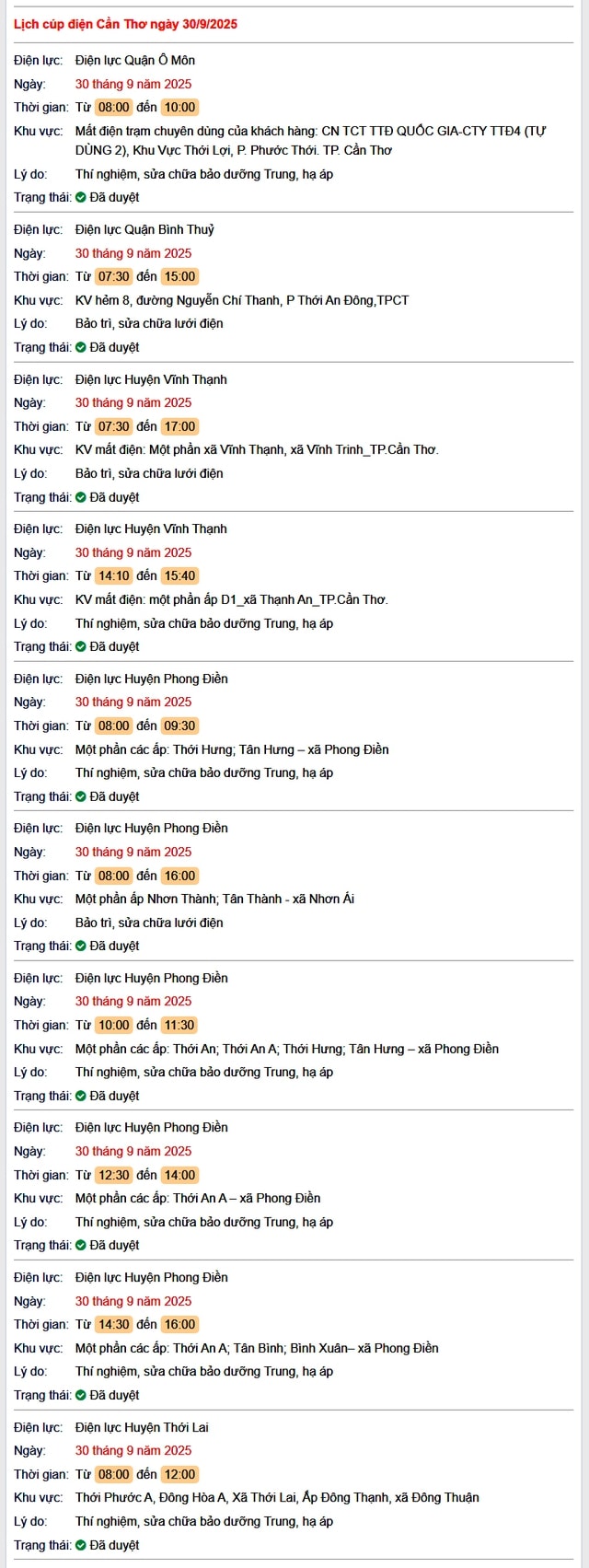 Tra cứu lịch cúp điện hôm nay Thứ 3 ngày 30/9/2025 tại Cần Thơ- Ảnh 1.