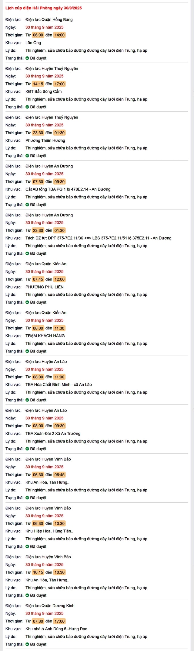 Tra cứu lịch cắt điện Hải Phòng hôm nay Thứ 3 ngày 30/9/2025- Ảnh 1.