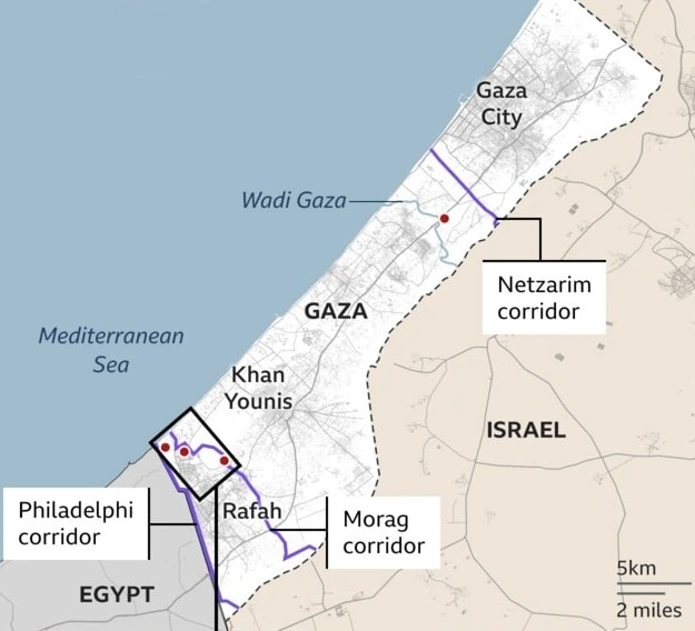 Vị trí Hành lang Netzarim và Gaza City. Đồ họa: BBC