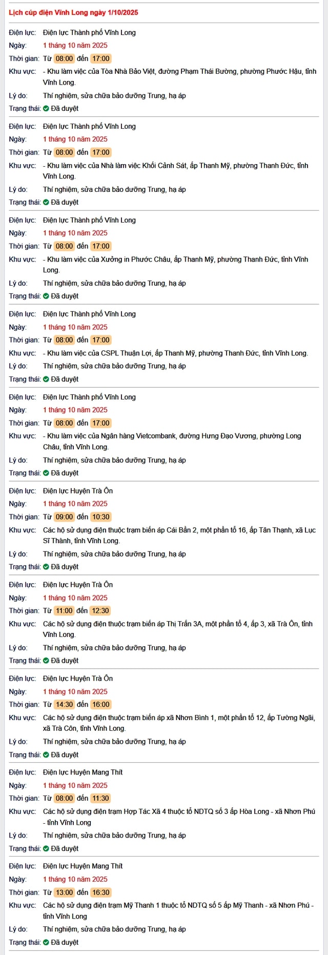 Tra cứu lịch cúp điện hôm nay Thứ 4 ngày 1/10/2025 tại Vĩnh Long- Ảnh 1.