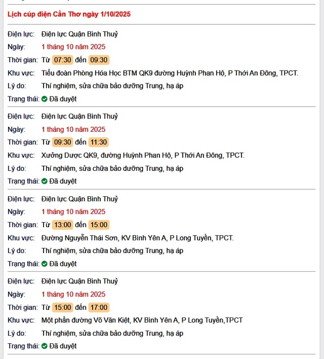 Tra cứu lịch cúp điện hôm nay Thứ 4 ngày 1/10/2025 tại Cần Thơ- Ảnh 1.