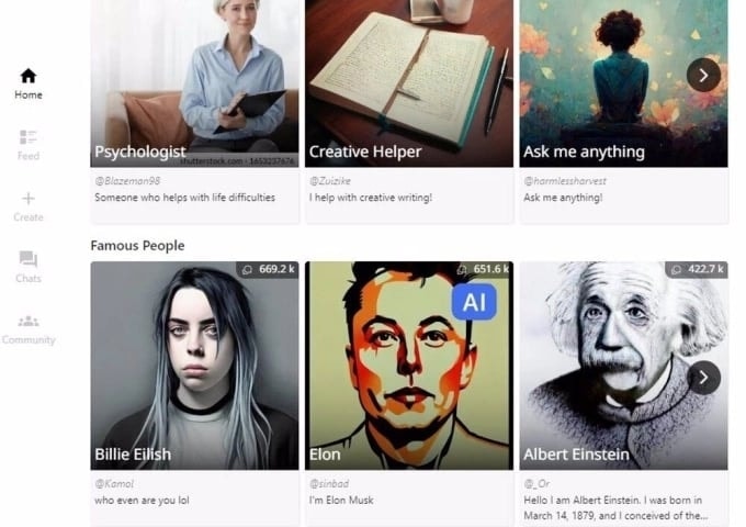 Một số chatbot do người dùng tạo ra trên Character.AI. Ảnh:Vivevirtual