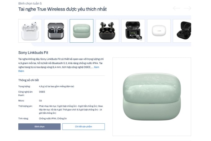 Màn hình cổng bình chọn tai nghe True Wireless.