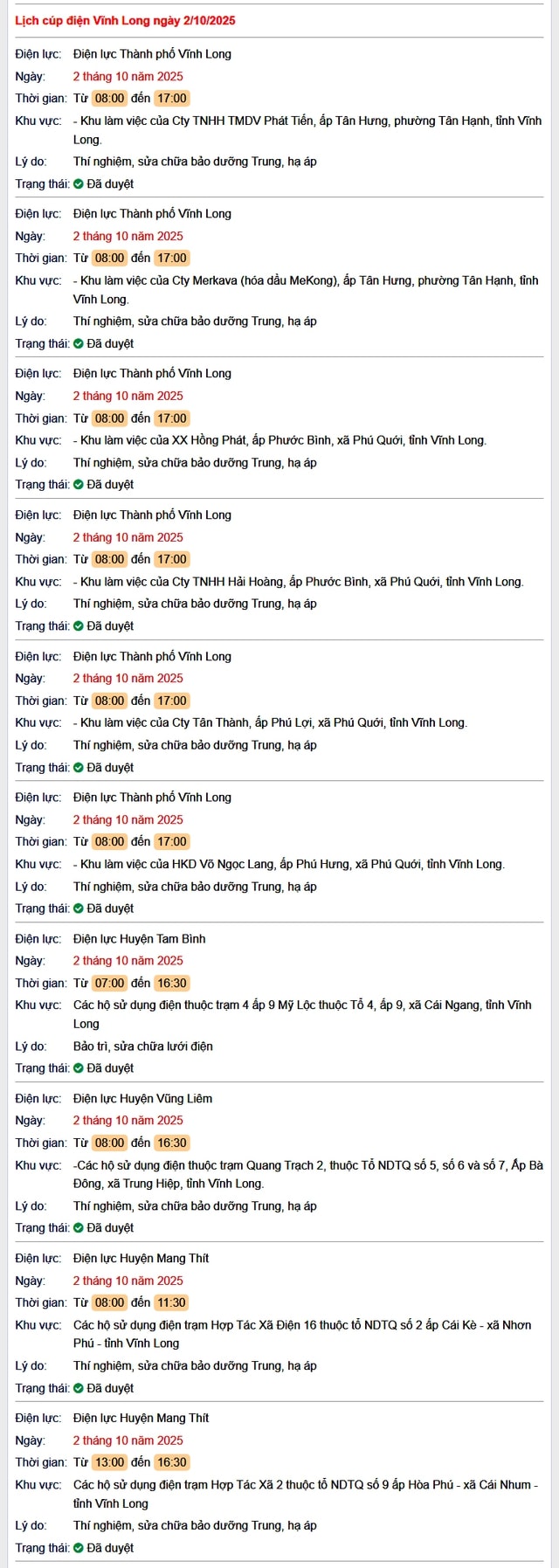 Tra cứu lịch cúp điện hôm nay Thứ 5 ngày 2/10/2025 tại Vĩnh Long- Ảnh 1.