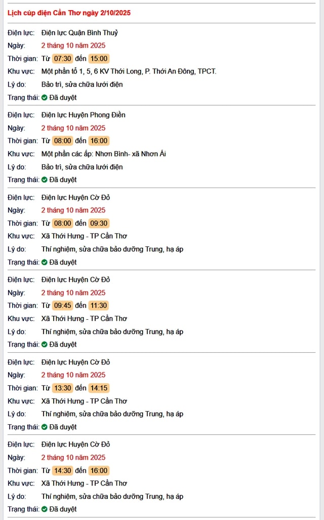 Tra cứu lịch cúp điện hôm nay Thứ 5 ngày 2/10/2025 tại Cần Thơ- Ảnh 1.