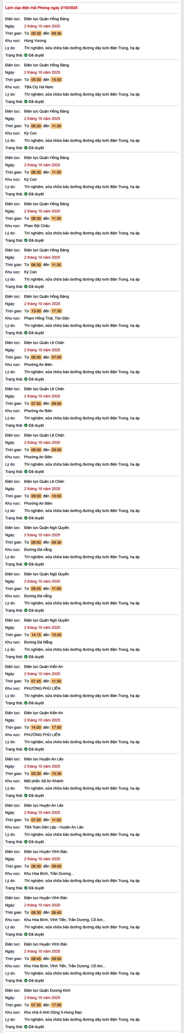 Tra cứu lịch cắt điện Hải Phòng hôm nay Thứ 5 ngày 2/10/2025- Ảnh 1.