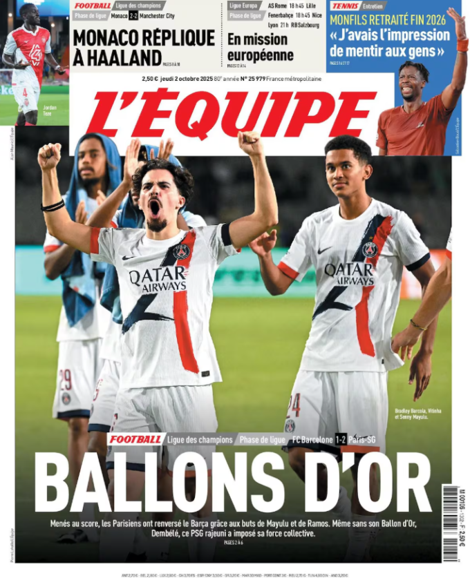 Nhật báo L’Équipe đưa PSG lên trang nhất với dòng tít mỉa mai Balones de Oro.
