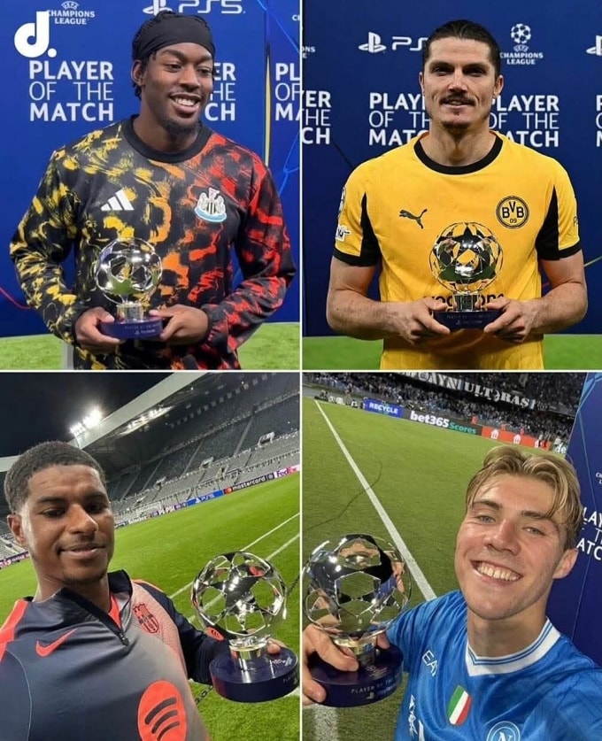 Từ trên xuống, từ trái sang: Elanga, Sabitzer, Rashford và Hojlund mừng giải thưởng Cầu thủ hay nhất trận ở Champions League mùa này. Ảnh: Daily Mail
