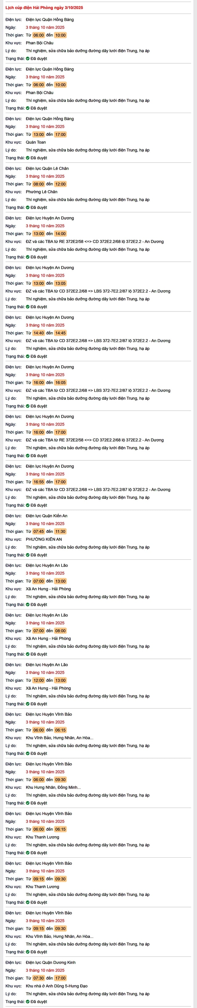 Tra cứu lịch cắt điện Hải Phòng hôm nay Thứ 6 ngày 3/10/2025- Ảnh 1.