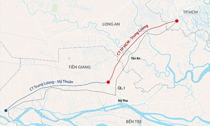 Hướng tuyến cao tốc TP HCM - Trung Lương. Đồ họa: Đăng Hiếu