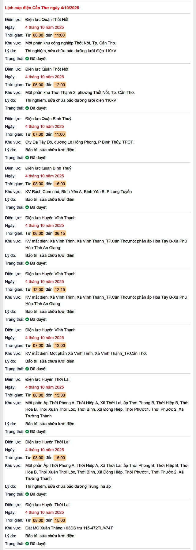 Tra cứu lịch cúp điện hôm nay Thứ 7 ngày 4/10/2025 tại Cần Thơ- Ảnh 1. Tra cứu lịch cúp điện hôm nay Thứ 7 ngày 4/10/2025 tại Cần Thơ- Ảnh 1.