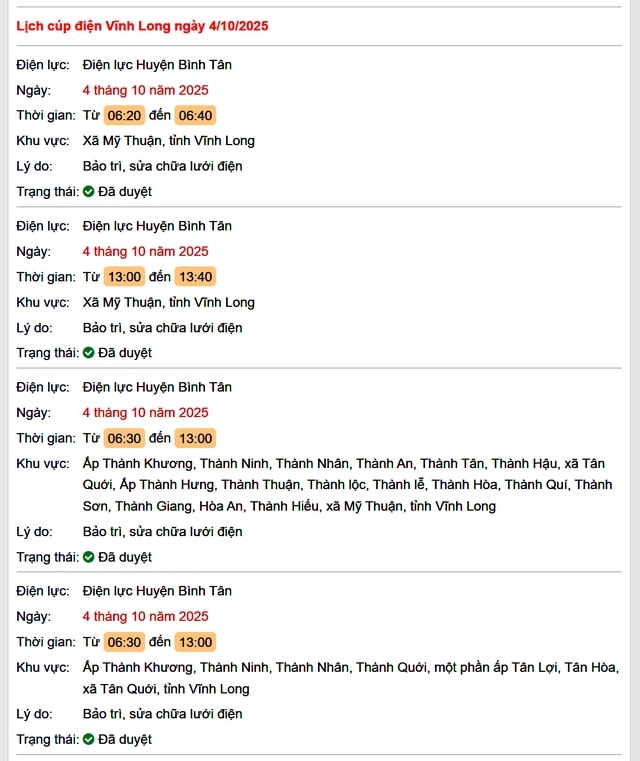 Tra cứu lịch cúp điện hôm nay Thứ 7 ngày 4/10/2025 tại Vĩnh Long- Ảnh 1.