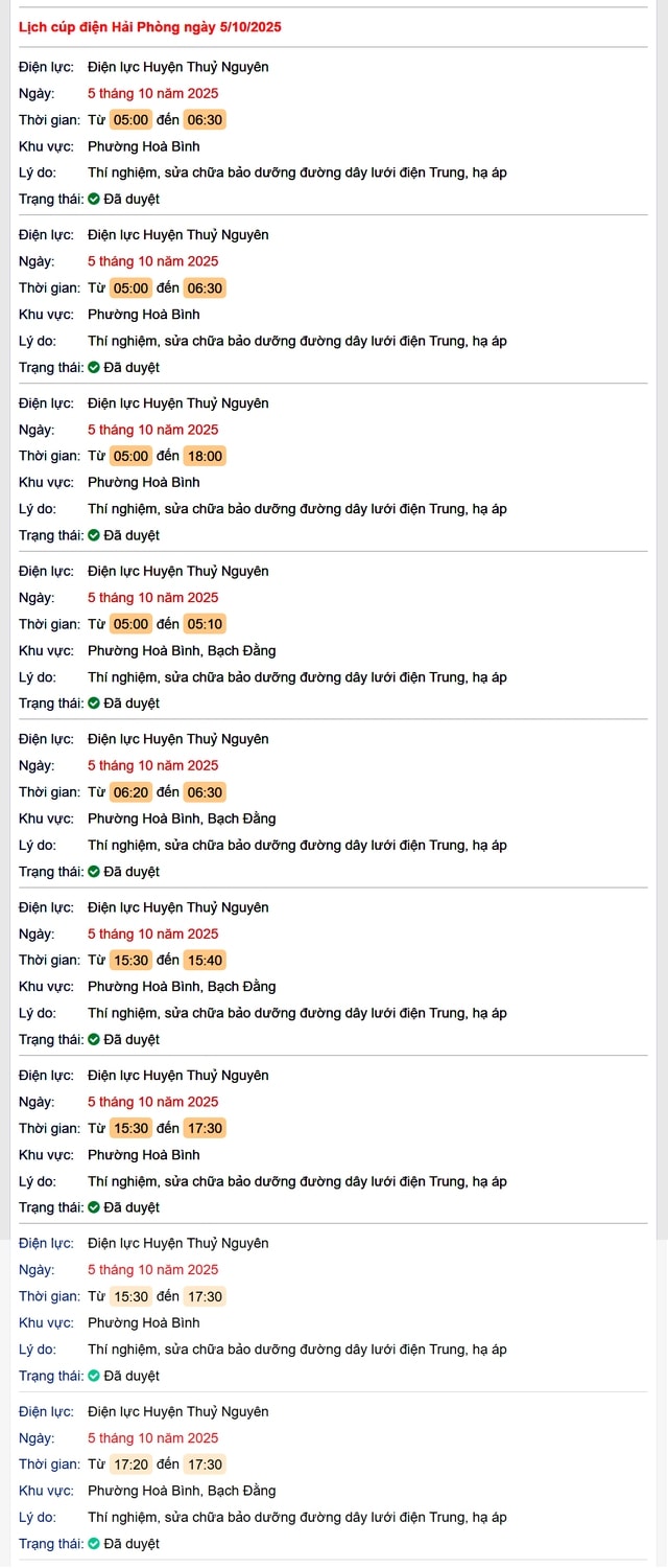 Tra cứu lịch cắt điện Hải Phòng hôm nay Chủ Nhật ngày 5/10/2025- Ảnh 1.