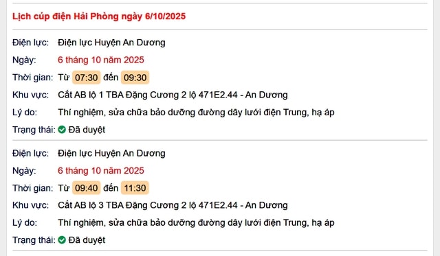 Tra cứu lịch cắt điện Hải Phòng hôm nay Thứ 2 ngày 6/10/2025- Ảnh 1. Tra cứu lịch cắt điện Hải Phòng hôm nay Thứ 2 ngày 6/10/2025- Ảnh 1.