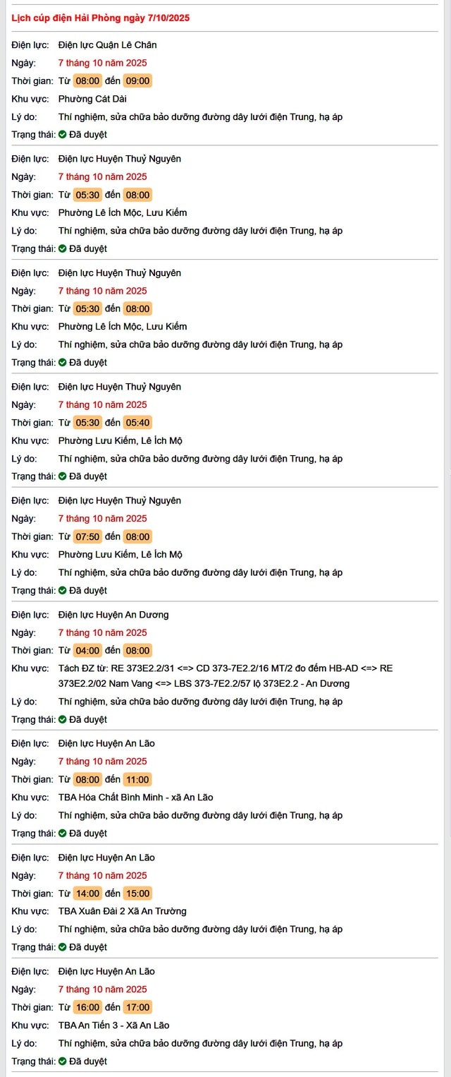 Tra cứu lịch cắt điện Hải Phòng hôm nay Thứ 3 ngày 7/10/2025- Ảnh 1. Tra cứu lịch cắt điện Hải Phòng hôm nay Thứ 3 ngày 7/10/2025- Ảnh 1.