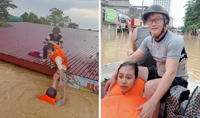 Anh Bùi Tùng giải cứu hai ông cháu, mắc kẹt trên mái nhà 18 tiếng, tại Bến Oánh, Túc Tuyên, TP Thái Nguyên. Ảnh: Bùi Tùng