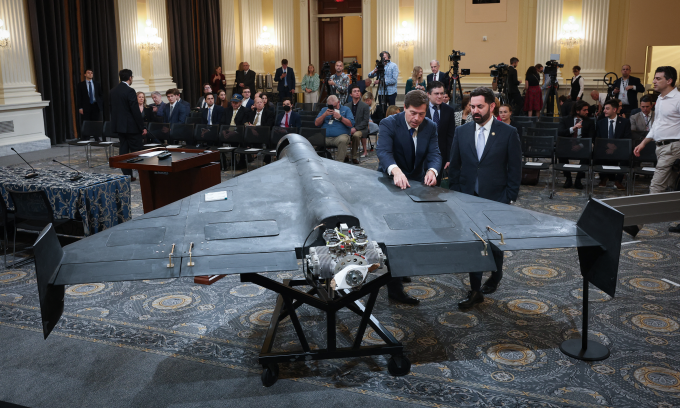 UAV Shahed-136 do tổ chức UANI trưng bày tại Đồi Capitol hồi tháng 5. Ảnh: AFP