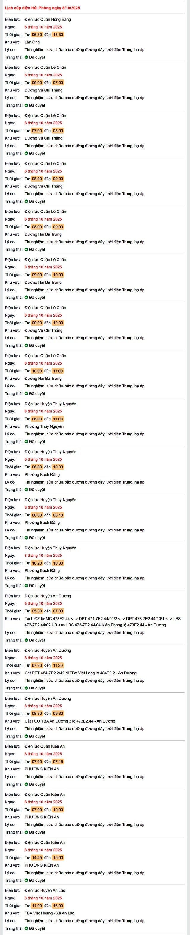 Tra cứu lịch cắt điện Hải Phòng hôm nay Thứ 4 ngày 8/10/2025- Ảnh 1. Tra cứu lịch cắt điện Hải Phòng hôm nay Thứ 4 ngày 8/10/2025- Ảnh 1.
