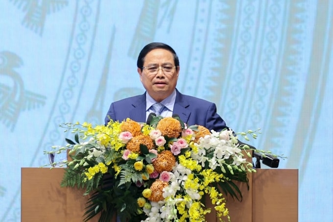 Thủ tướng Phạm Minh Chính phát biểu tại cuộc gặp cộng đồng doanh nghiệp, ngày 9/10. Ảnh: VGP