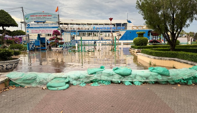Chính quyền địa phương dùng bao cát chắn nước triều cường tràn vào bến Ninh Kiều. Ảnh: An Bình