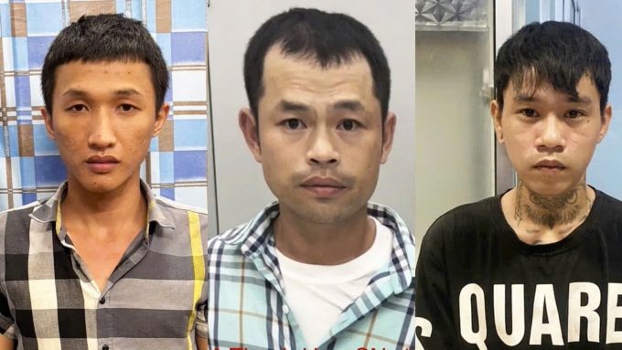 Trần Quốc Anh, Lê Thanh Huy, Trần Trung Thực (từ trái sang) tại cơ quan điều tra. Ảnh: An Phú