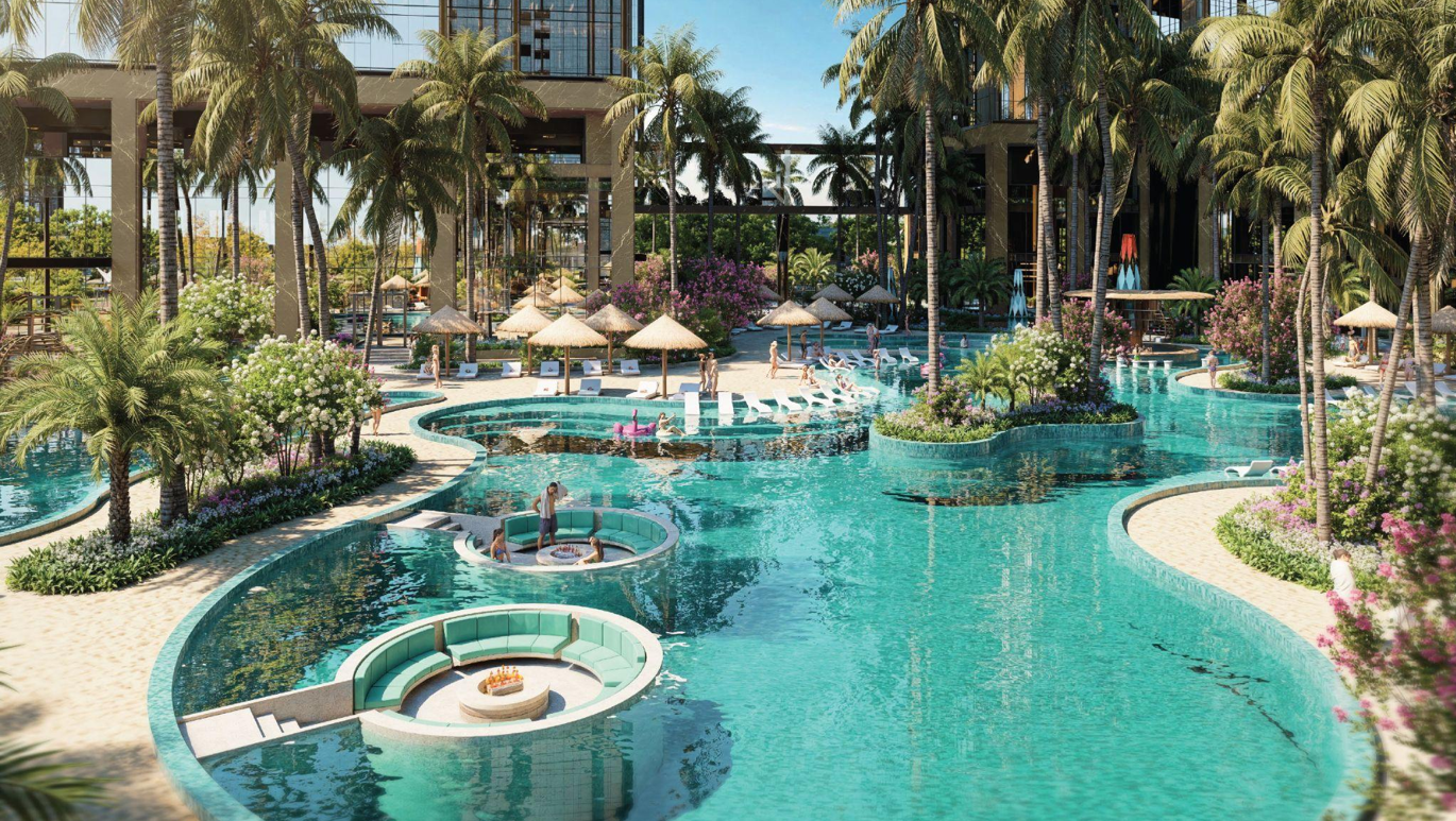Trung tâm dự án là khuôn viên 12.000 m² cây xanh, mặt nước, hòa cùng đường dạo bộ xinh xắn, các chòi nghỉ, quầy bar ngoài trời,... - nơi cư dân tận hưởng trọn vẹn nhịp sống an nhiên chuẩn Wellness Resort.