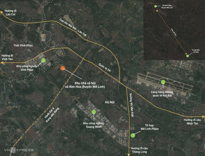 Vị trí dự án nhà ở xã hội tại xã Kim Hoa, huyện Mê Linh vừa mở bán. Đồ họa: Anh Tú