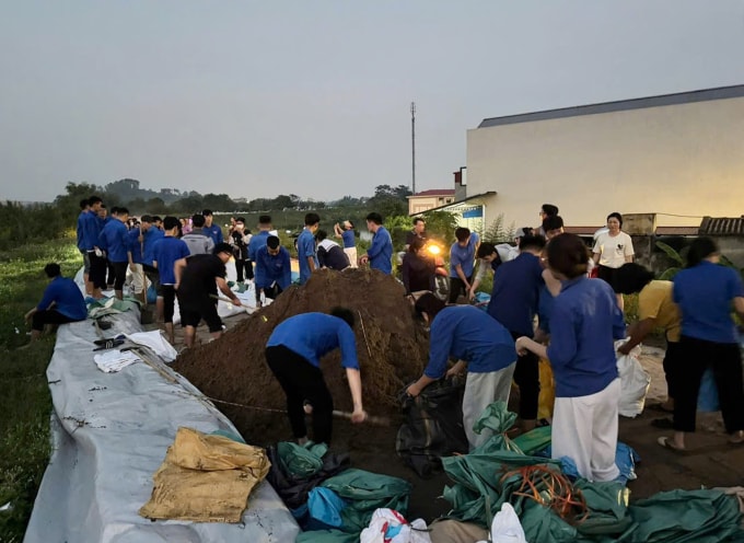 Hàng trăm thanh niên tham gia hộ đê Đẩu Hàn chiều tối 9/10. Ảnh: Tỉnh đoàn Bắc Ninh