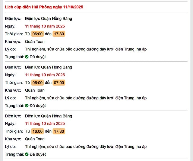 Tra cứu lịch cắt điện Hải Phòng hôm nay Thứ 7 ngày 11/10/2025- Ảnh 1. Tra cứu lịch cắt điện Hải Phòng hôm nay Thứ 7 ngày 11/10/2025- Ảnh 1.