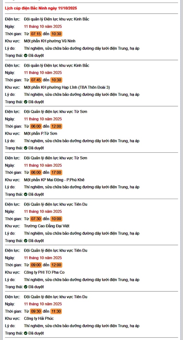Tra cứu lịch cắt điện Bắc Ninh hôm nay Thứ 7 ngày 11/10/2025- Ảnh 1. Tra cứu lịch cắt điện Bắc Ninh hôm nay Thứ 7 ngày 11/10/2025- Ảnh 1.