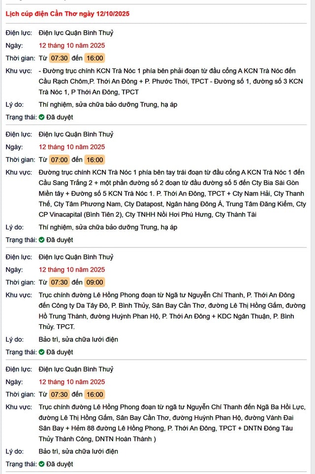 Tra cứu lịch cúp điện hôm nay Chủ Nhật ngày 12/10/2025 tại Cần Thơ- Ảnh 1.