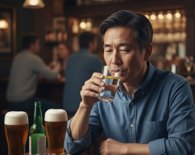 Uống rượu bia xen kẽ nước lọc giúp giảm nồng độ cồn trong máu, bảo vệ gan. Ảnh được tạo bởi AI