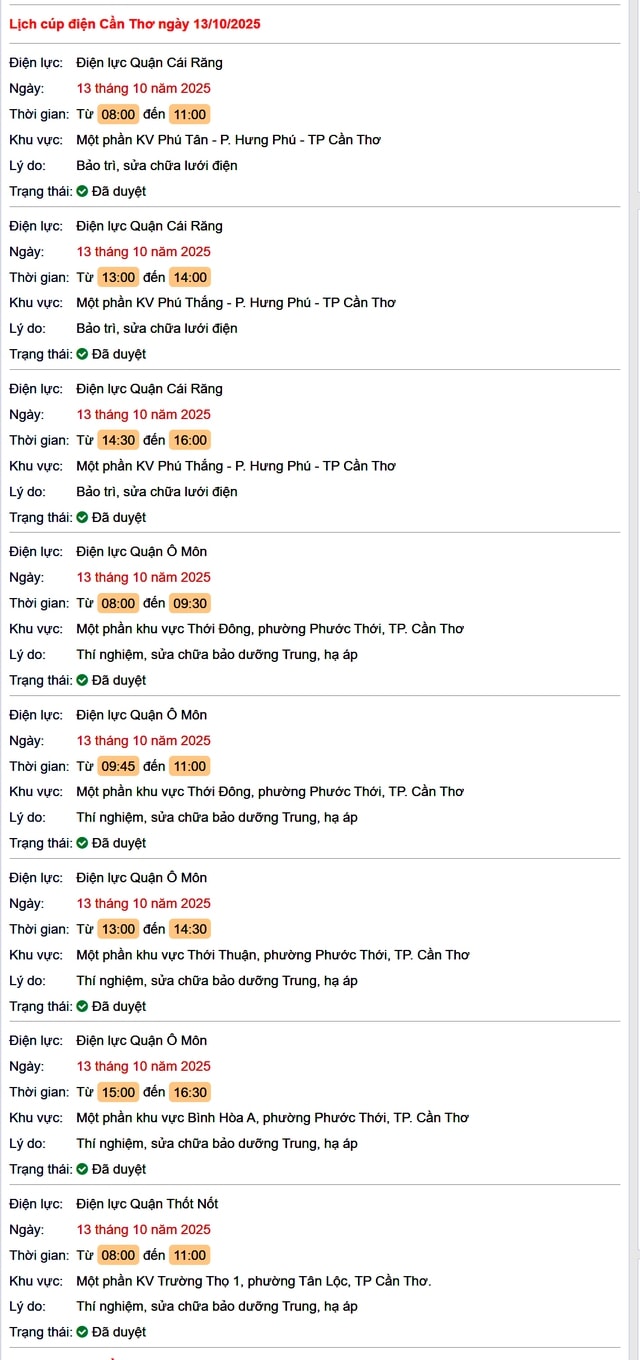 Tra cứu lịch cúp điện hôm nay Thứ 2 ngày 13/10/2025 tại Cần Thơ- Ảnh 1. Tra cứu lịch cúp điện hôm nay Thứ 2 ngày 13/10/2025 tại Cần Thơ- Ảnh 1.