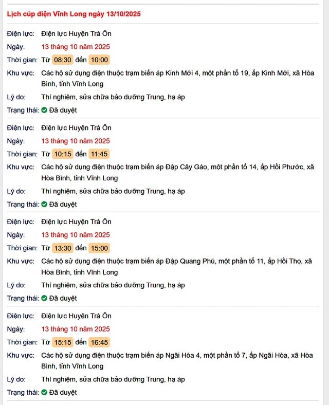 Tra cứu lịch cúp điện hôm nay Thứ 2 ngày 13/10/2025 tại Vĩnh Long- Ảnh 1. Tra cứu lịch cúp điện hôm nay Thứ 2 ngày 13/10/2025 tại Vĩnh Long- Ảnh 1.