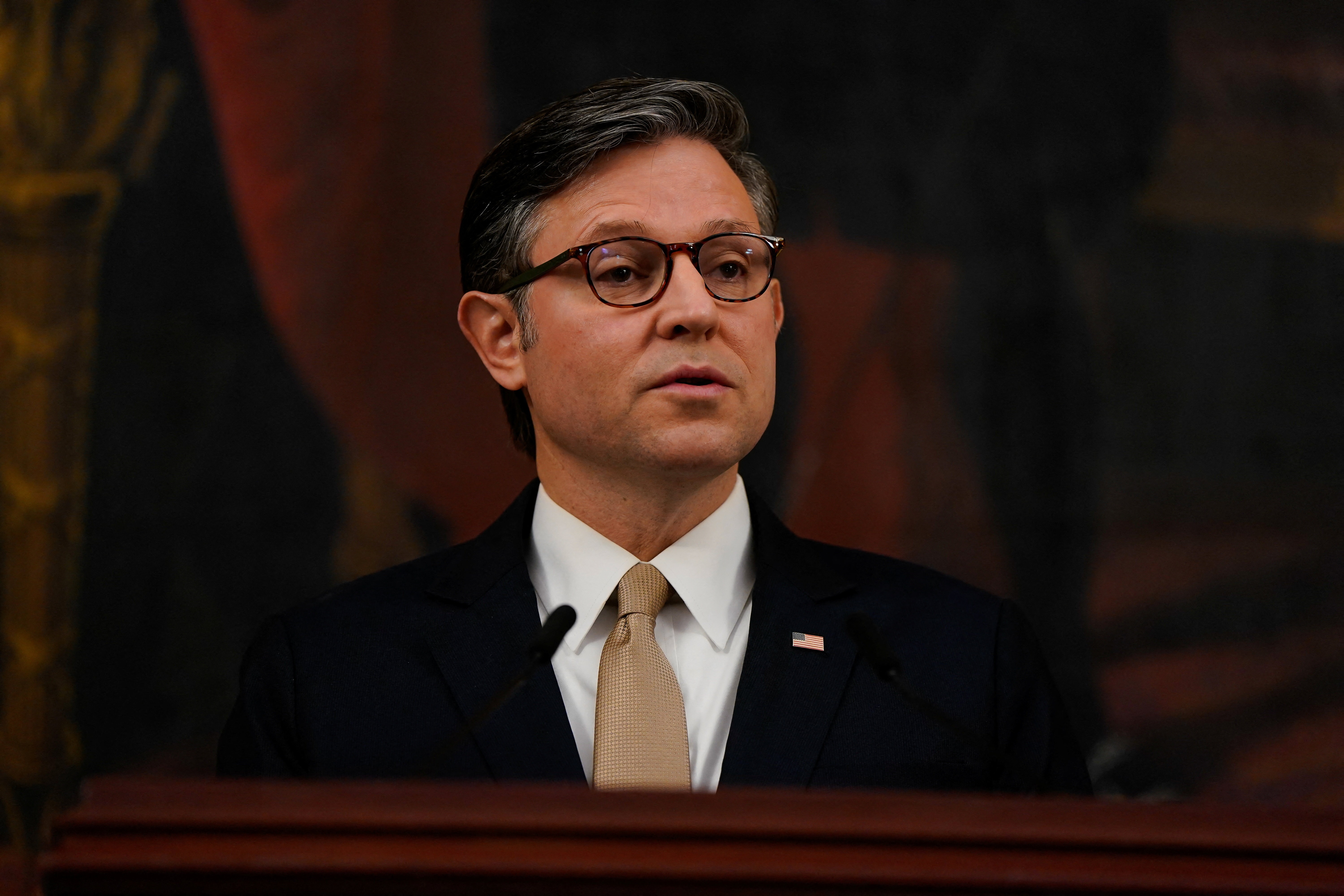 Chủ tịch Hạ viện Mỹ Mike Johnson phát biểu ngày 13/10 (giờ Mỹ). (Ảnh: Reuters)