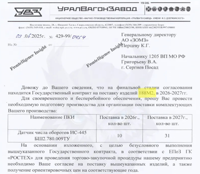 Tài liệu được cho là của tập đoàn Uralvagonzavod do Frontelligence Insight công bố hôm 11/10. Ảnh: Frontelligence Insight
