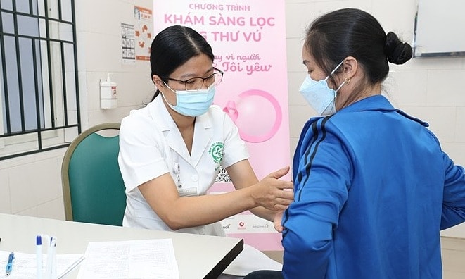 Bác sĩ khám sàng lọc ung thư vú cho một bệnh nhân. Ảnh: Bệnh viện cung cấp