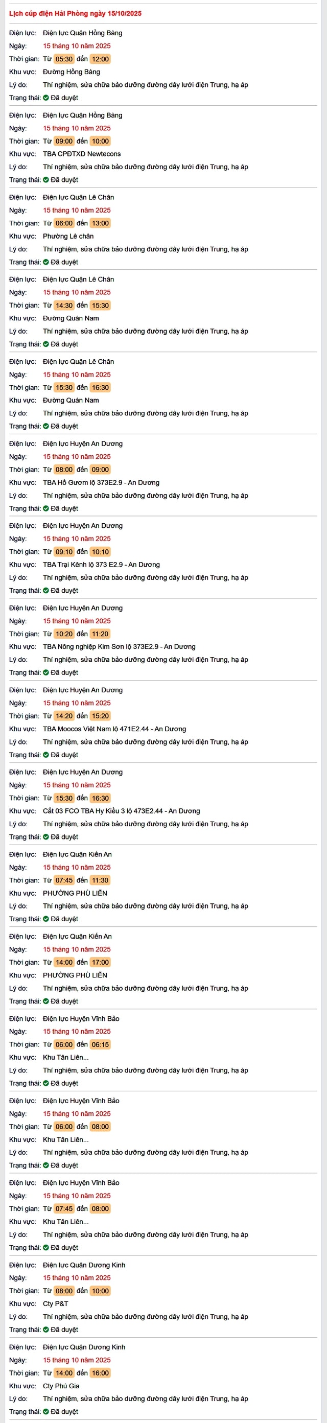 Tra cứu lịch cắt điện Hải Phòng hôm nay Thứ 4 ngày 15/10/2025- Ảnh 1. Tra cứu lịch cắt điện Hải Phòng hôm nay Thứ 4 ngày 15/10/2025- Ảnh 1.