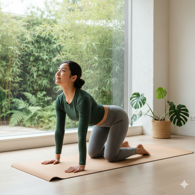 Tư thế con mèo-con bò giúp giảm cứng cơ và giúp cải thiện độ dẻo dai cột sống. Ảnh: AI