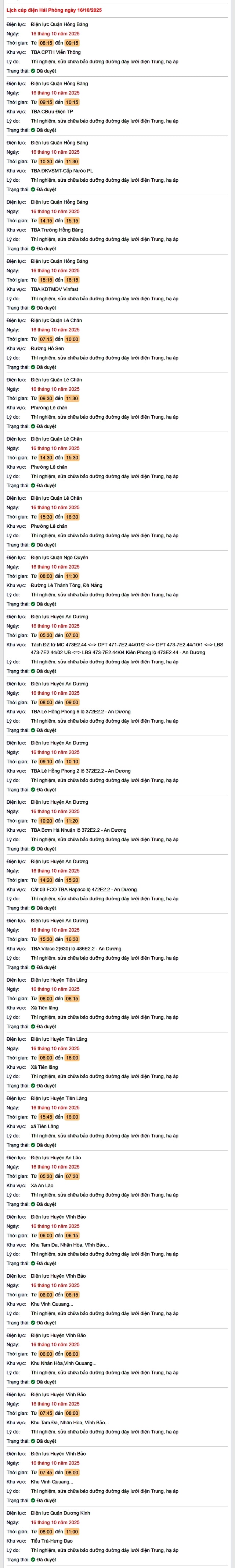Tra cứu lịch cắt điện Hải Phòng hôm nay Thứ 5 ngày 16/10/2025- Ảnh 1. Tra cứu lịch cắt điện Hải Phòng hôm nay Thứ 5 ngày 16/10/2025- Ảnh 1.