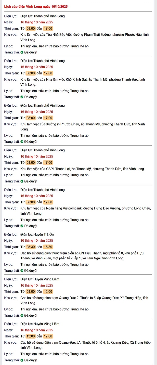 Tra cứu lịch cúp điện hôm nay Thứ 5 ngày 16/10/2025 tại Vĩnh Long- Ảnh 1.