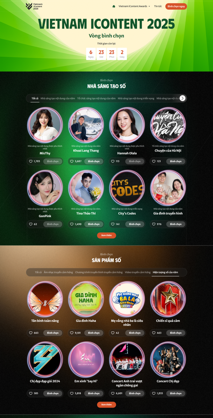 Giao diện bình chọn Vietnam iContent Awards 2025. Ảnh chụp màn hình