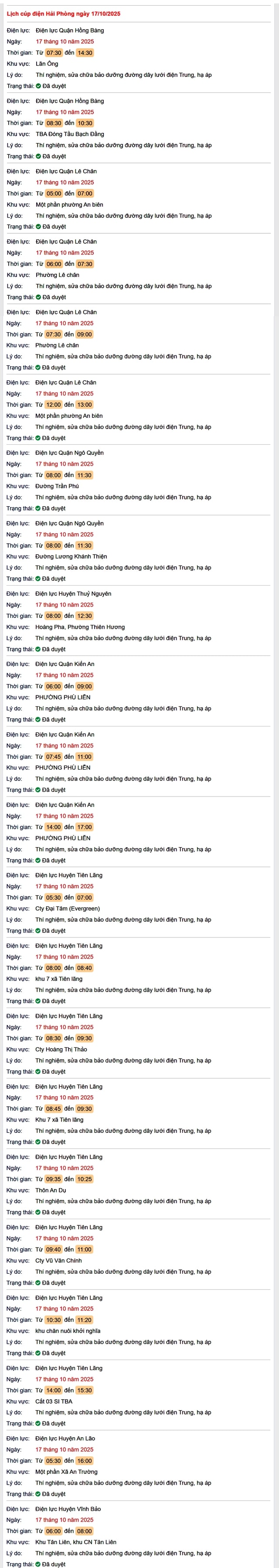 Tra cứu lịch cắt điện Hải Phòng hôm nay Thứ 6 ngày 17/10/2025- Ảnh 1. Tra cứu lịch cắt điện Hải Phòng hôm nay Thứ 6 ngày 17/10/2025- Ảnh 1.