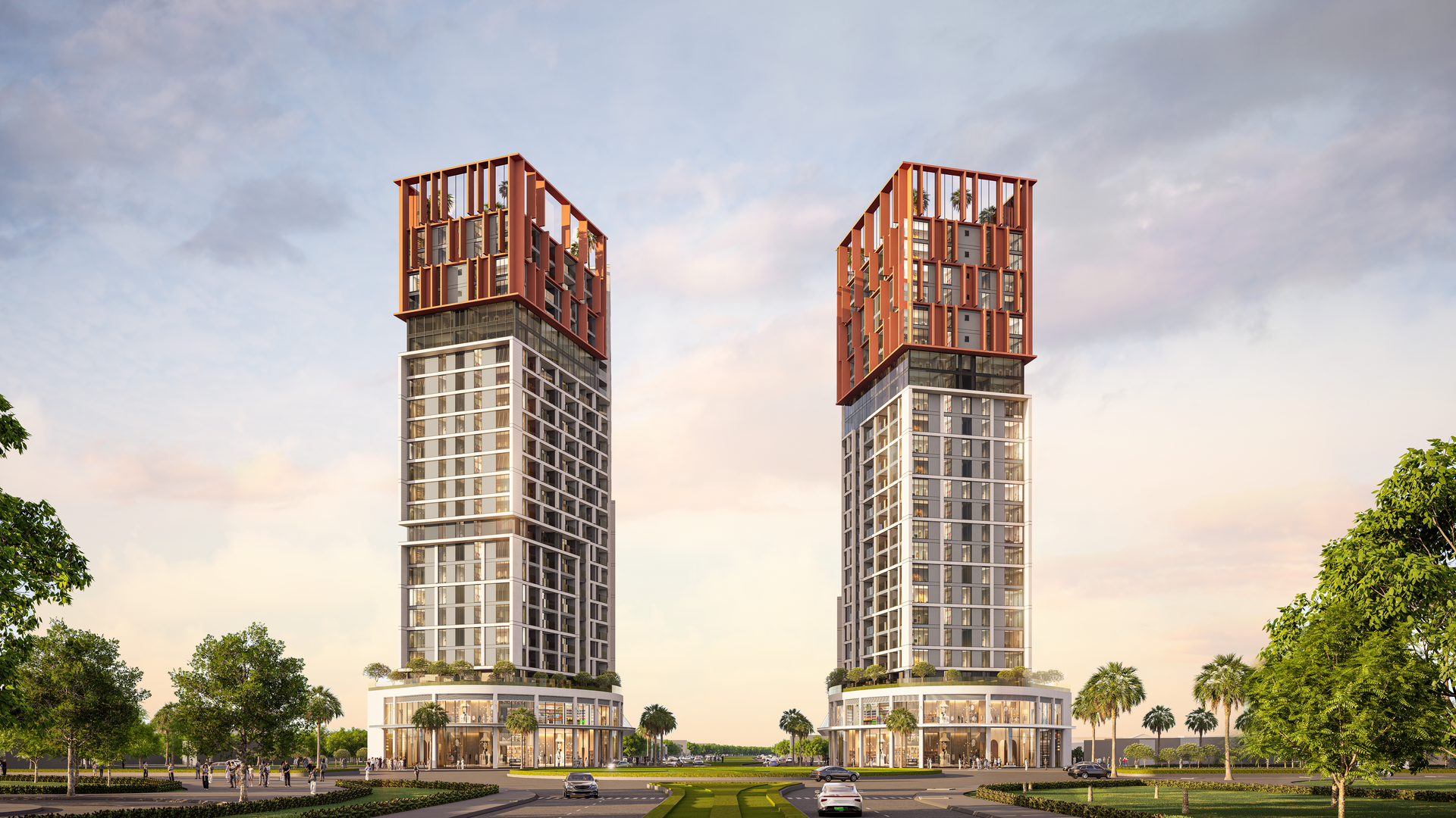 Kiến trúc tòa tháp mang hình tượng “Song lân chầu nhật”. (Ảnh phối cảnh: Sun Property)