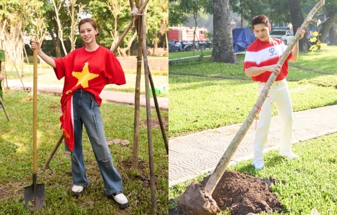 Ca sĩ Bùi Lan Hương và Quốc Thiên trồng cây trong công viên Thống Nhất. Ảnh: Vũ Toàn