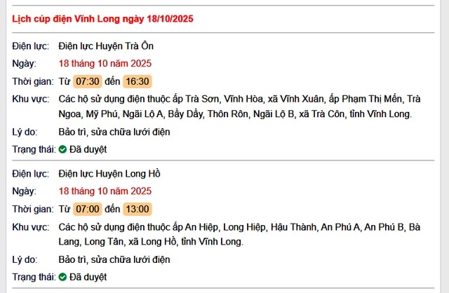 Tra cứu lịch cúp điện hôm nay Thứ 7 ngày 18/10/2025 tại Vĩnh Long- Ảnh 1. Tra cứu lịch cúp điện hôm nay Thứ 7 ngày 18/10/2025 tại Vĩnh Long- Ảnh 1.