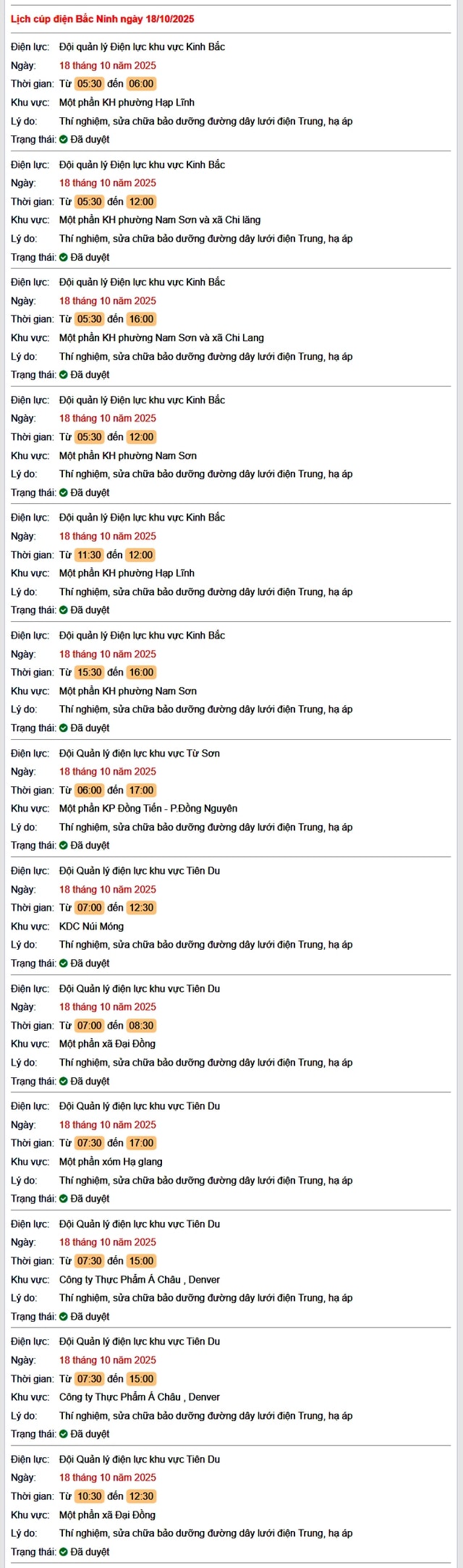Tra cứu lịch cắt điện Bắc Ninh hôm nay Thứ 7 ngày 18/10/2025- Ảnh 1. Tra cứu lịch cắt điện Bắc Ninh hôm nay Thứ 7 ngày 18/10/2025- Ảnh 1.